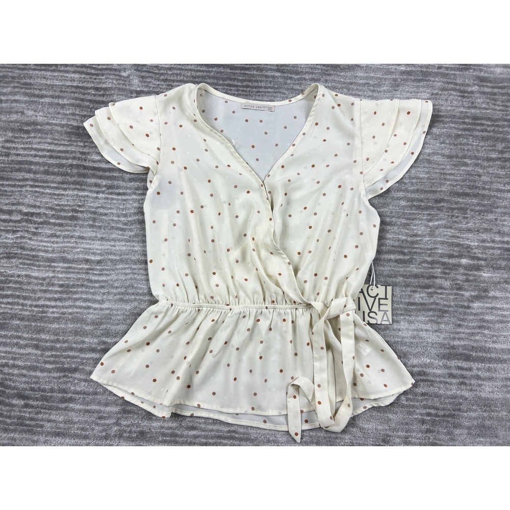 Active USA Blouse Womens Small Cream Polka Dot Wrap Peplum Flutter Sleeve T11093